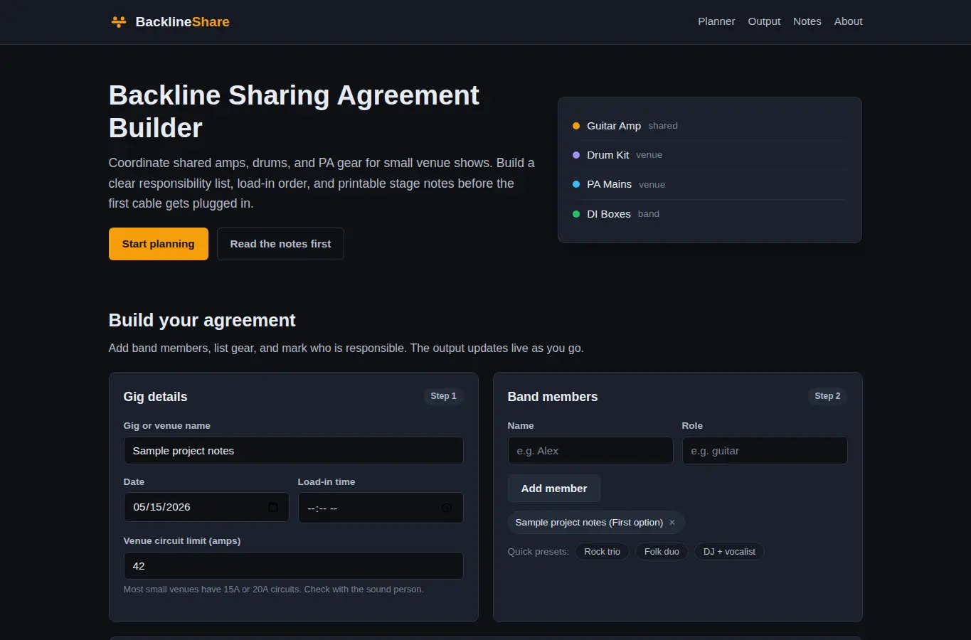 Screenshot of Small Venue Backline Sharing Agreement Builder interface showing the project page in use